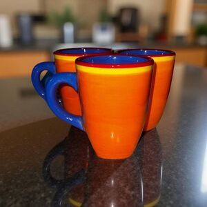 Set of 3 Dansk Hand Painted Caribe Bahama Blue Mugs Orange and Blue 4.5"